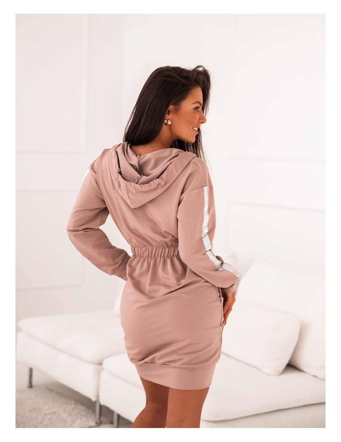 Rochie hanorac dama cu dungi si gluga cappuccino FI657 - Magazin online - Boutique